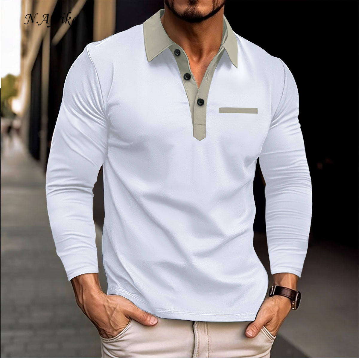 "Nyota wa Afrika"Men POLO shirt Chest Button Solid color Leisure Long sleeved T-shirt