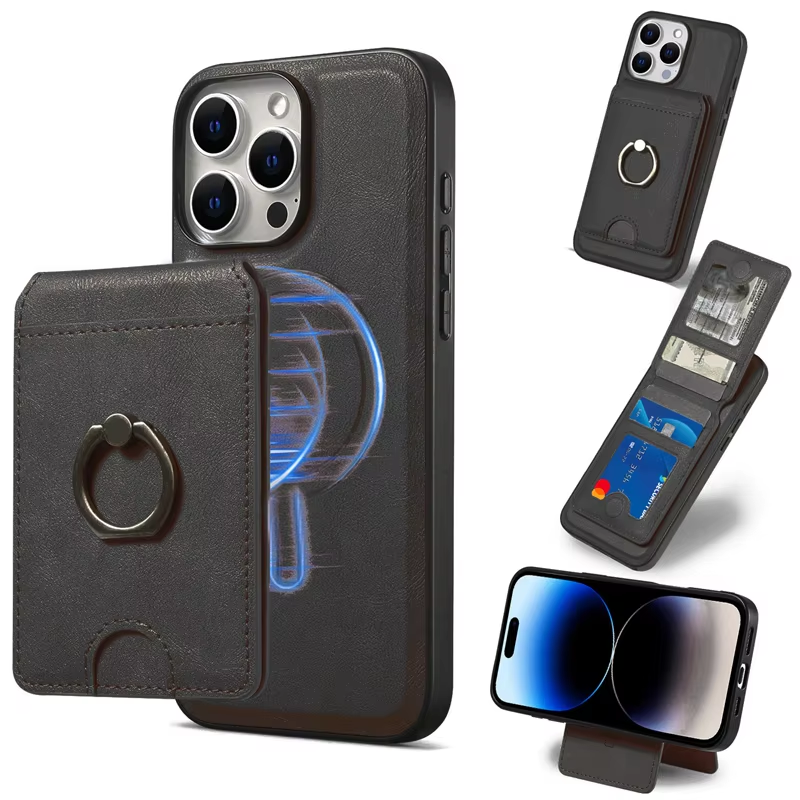 2 in 1 Magnetic Magsafe Leather Flip Wallet Ring Holder Case For iPhone 16 15 14 13 12 17 Pro Max Plus 17Air Safe Stand Cover