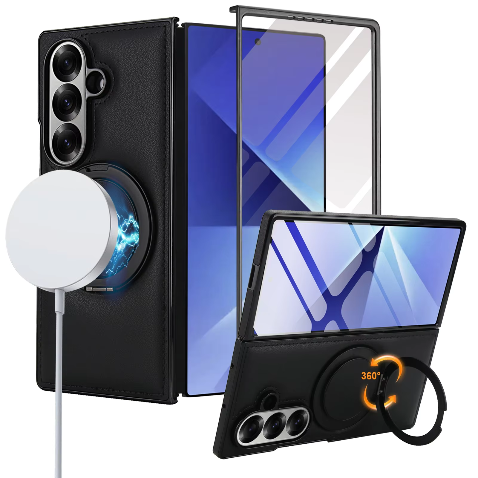 360° Magnetic Ring Kickstand Business Leather Case for Magsafe Samsung Galaxy Z Fold 7 6 5 4 3 Macsafe Holder Hard Protect Cover