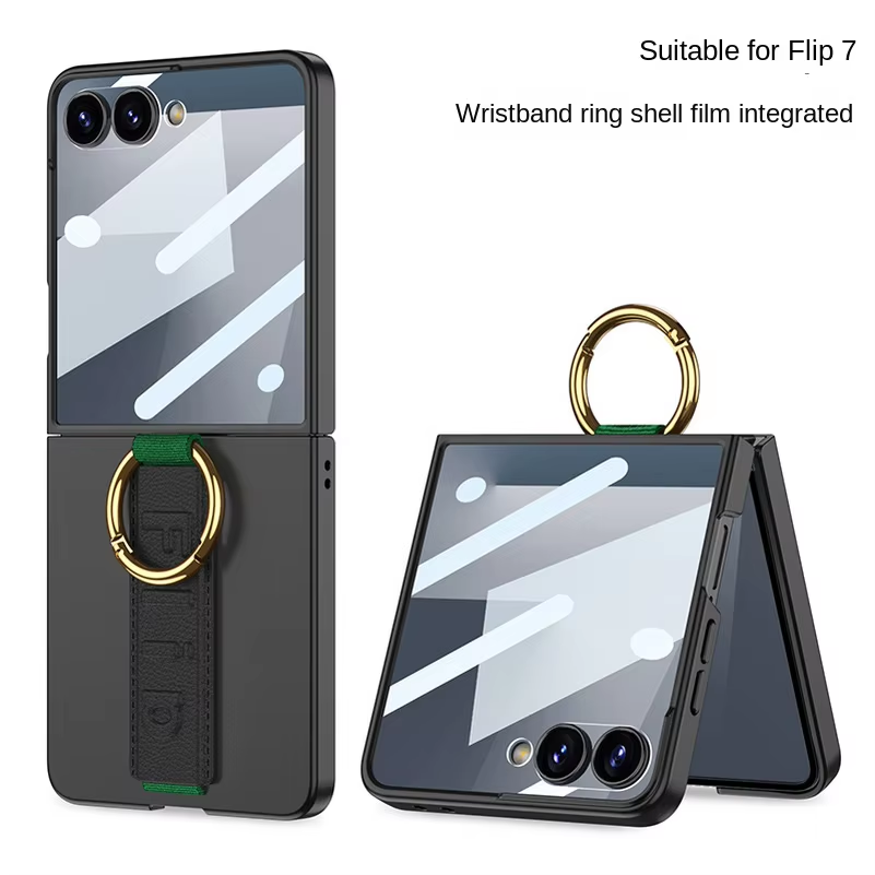 Wrist Strap with Metal Ring Glass Protector All-inclusive Phone Case For Samsung Galaxy Z Flip 7 6 5G Flip6 Camera Protect Cover