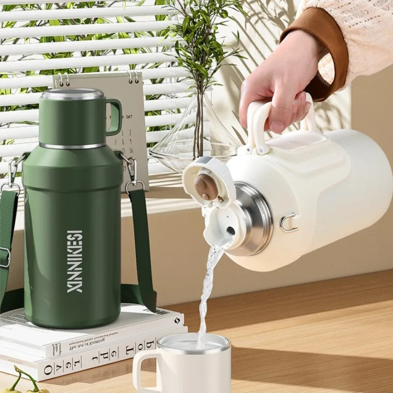 1.5L/2L Water Bottle Large Capacity Vaccum Flask Stainless Steel Insulated Cup with Strap Leakproof Portable Thermos Kettle