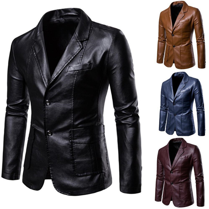 Plus Size Turn-down Collar Slim Fit Leather Jacket Men Blazer Jackets Fashion Party Business Casual PU Leather Coat Male Outwear