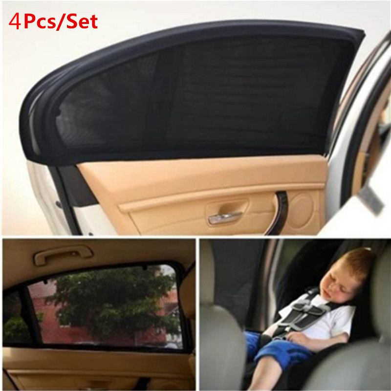 4Pcs Car Sun Visor Rear Front Window Sun Shade Mesh Fabric Sun Visor Shade Cover Shield UV Protector Black Auto Sunshade Curtain