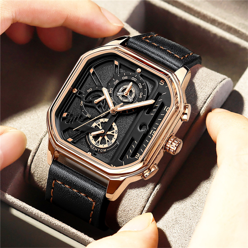 Luxury Business Square Watch Calendar Waterproof Leather Strap Wristwatch Men Fashion Sport Quartz Watch Luminous Watches Clock