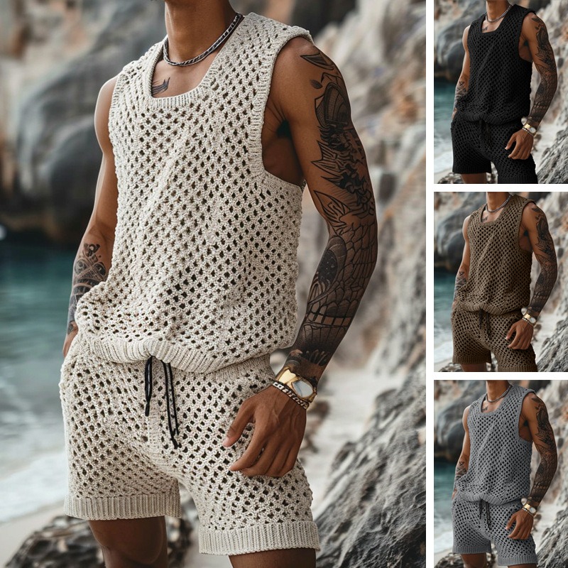 Men's Suit Summer Leisure Knit Clothing Solid Hollow Out Casual Sleeveless Vest Short Sleeve T-shirt Two Piece Set Men Outfits