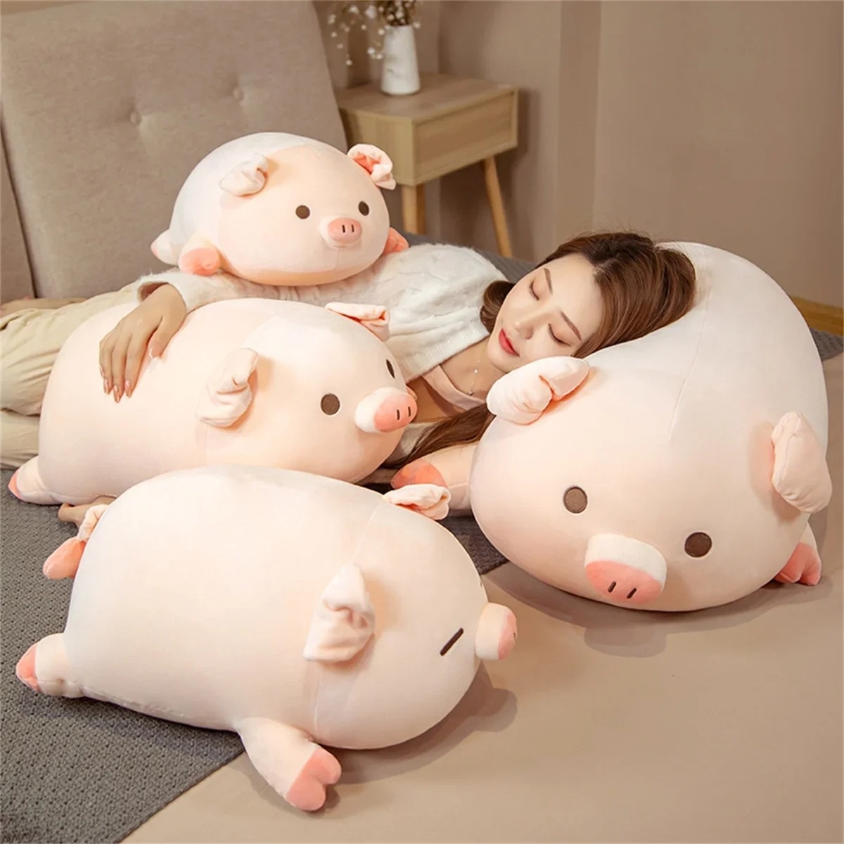 Sleeping Piggy Pillow Pig Plush Toy Cute Animal Cushion Sofa Bedroom Decor Holiday Birthday Valentine Gift Home Ornament Doll