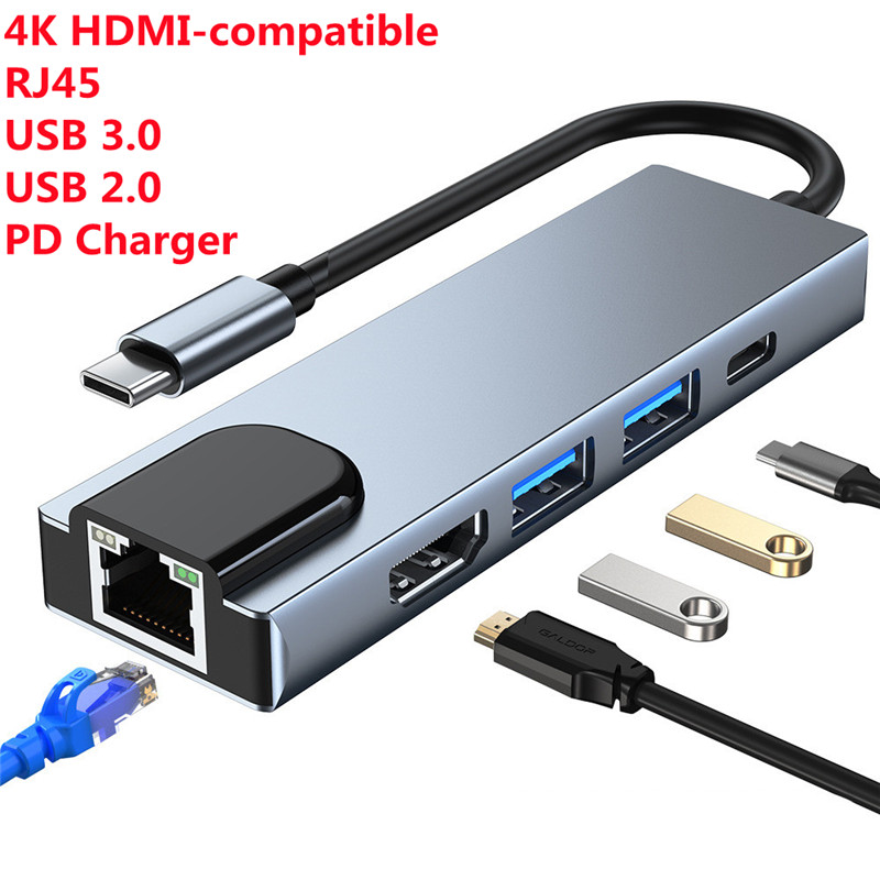 5 In 1 USB C Hub To Ethernet Rj45 Lan Type C Hub USB 3 Adapter with 4K HDMI Thunderbolt 3 USB-C Charger PD for Mac Book Pro/Air
