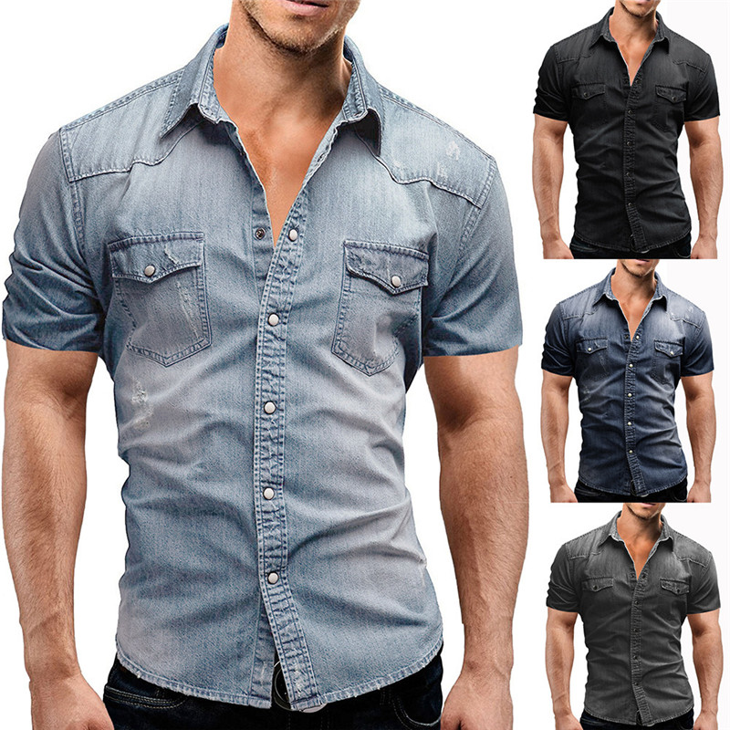 Men's Casual Slim Fit Button Shirt With Pocket Cotton Elastic Short Sleeve Blouse Cowboy Shirt Denim Streetwear Top
