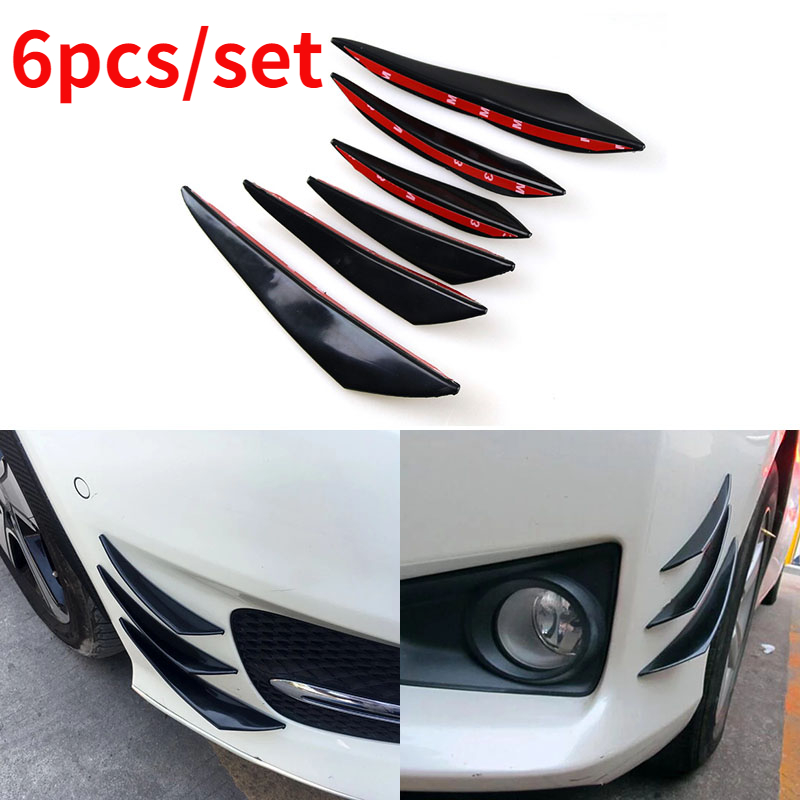 6pcs Universal Black Carbon Fiber Car Styling Accessories Front Bumper Lip Rubber Fin Splitter Spoiler Canard Valence Sticker
