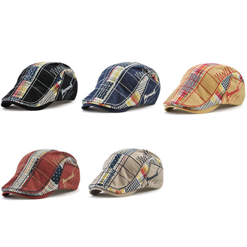 Unisex Vintage Cotton Adjustable Plaid Fabric Stitching Hat Embroidered Beret Cap Beret Hats For Men Women Flat Newsboy Caps