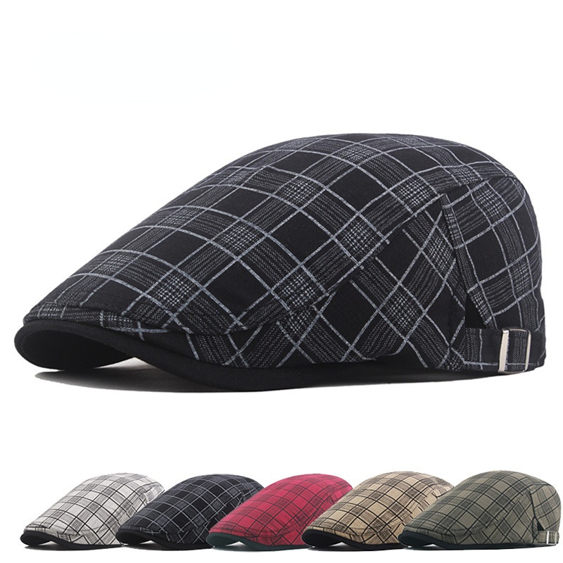 Plaid Print Beret Hats Lattice Adjustable Buckle Men Hat Flat Peaked Caps Male Forward Cap Vintage Newsboy Painter Hat