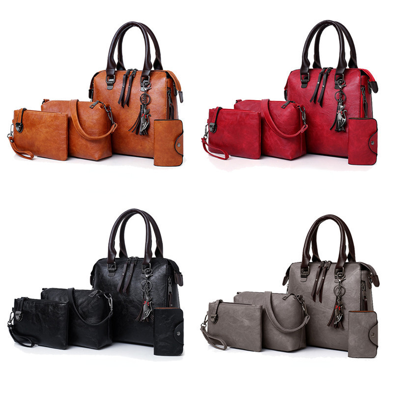 4pcs/set Vintage PU Leather Ladies Handbags Women Messenger Bags Tote Tassel  Luxury Crossbody Shoulder Bag Boston Handbag