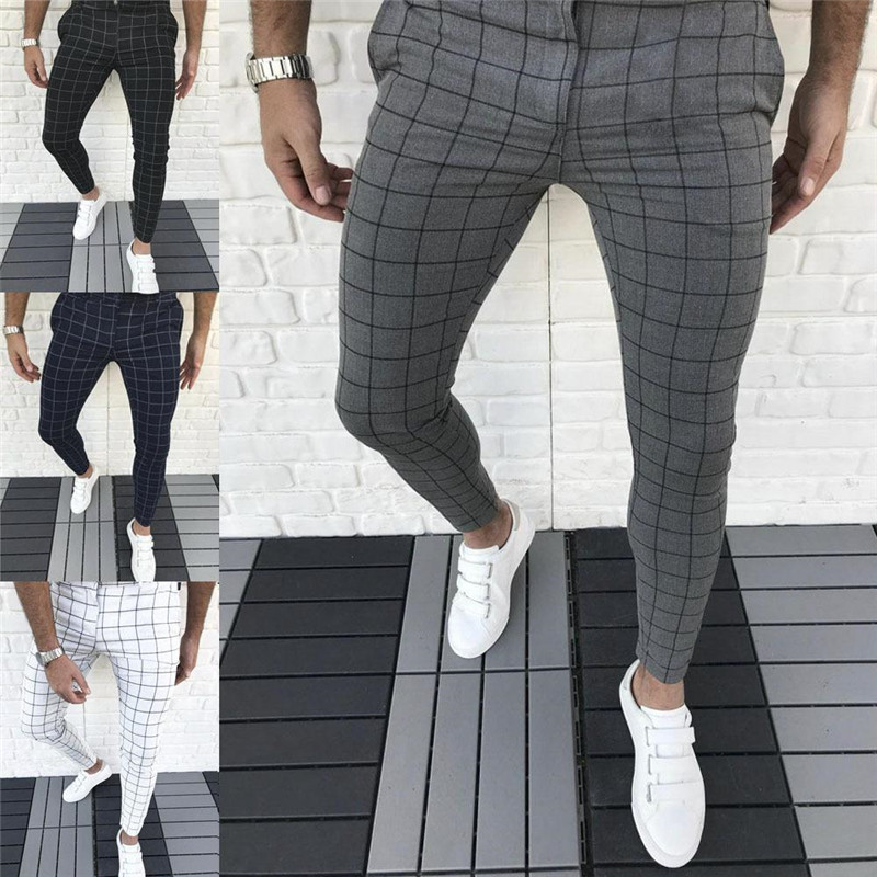 Men's Pants Smart Casual Fashion Men's Clothing Plaid Pencil Pants Thin Mid Waist Jogger Casual Trousers Slim  Stretch Pants