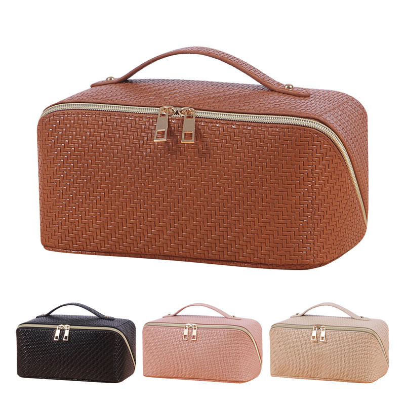 Waterproof PU Leather Braided Embossed Makeup Bag Outdoor Portable Toiletry Bag Large Capacity Business Travel Cosmetic Bag