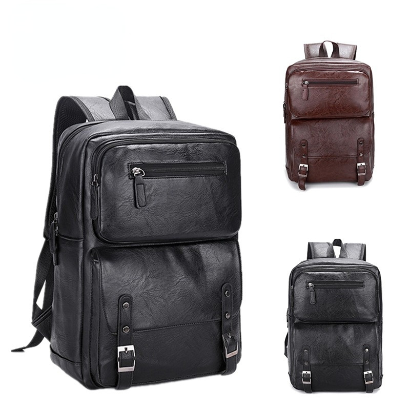 Large Capacity Laptop Backpack Men Casual Fashion Bags For Men Retro Zipper PU Leather Backpacks Male Travel Waterproof Bag