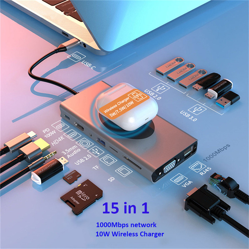 15 in 1 Type C HUB Dock Docking Station USB HUB HDMI VGA RJ45 PD Splitter 10W Wireless Charging USB Adapter Laptop Accessories