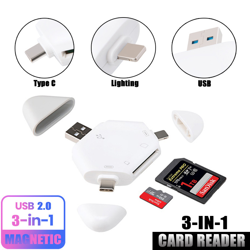 3 in 1 Multifunction USB 2.0 Reader Adapter For Apple iPhone Flash Drive OTG Card Reader Type-C/TF/SD Memory Card Reader Adapter