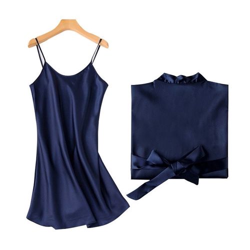 2 Piece Woman Night Gown Sleep Wear Pajamas Bridal Robe Satin - Royal Blue
