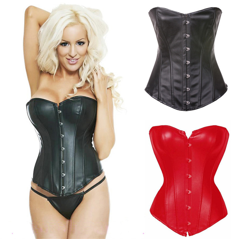 Women Faux Leather Overbust Corset Simple Elegant Black Red Bustier Plastic Boned Gothic Gorset Sexy Korset Body Shaper Belt