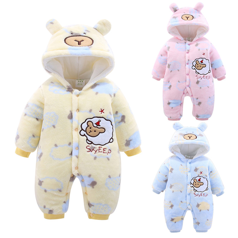 Baby Winter Romper Warm Hlannel Plush Jumpsuit Baby Girl Boys Sheep Animal Costume Hooded Newborn Baby Pajamas Overalls