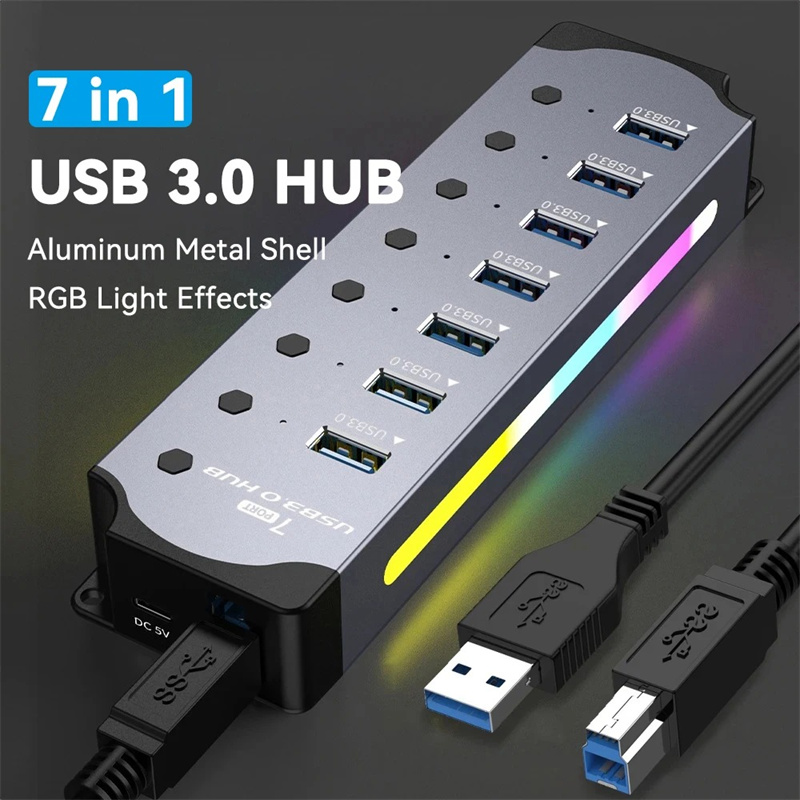 7 in 1 USB 3.0 Hub Individual Switch 5Gbps USB 3.0 Adapter USB HUB with RGB light Aluminum Hub USB 3.0 Splitter For PC Laptop