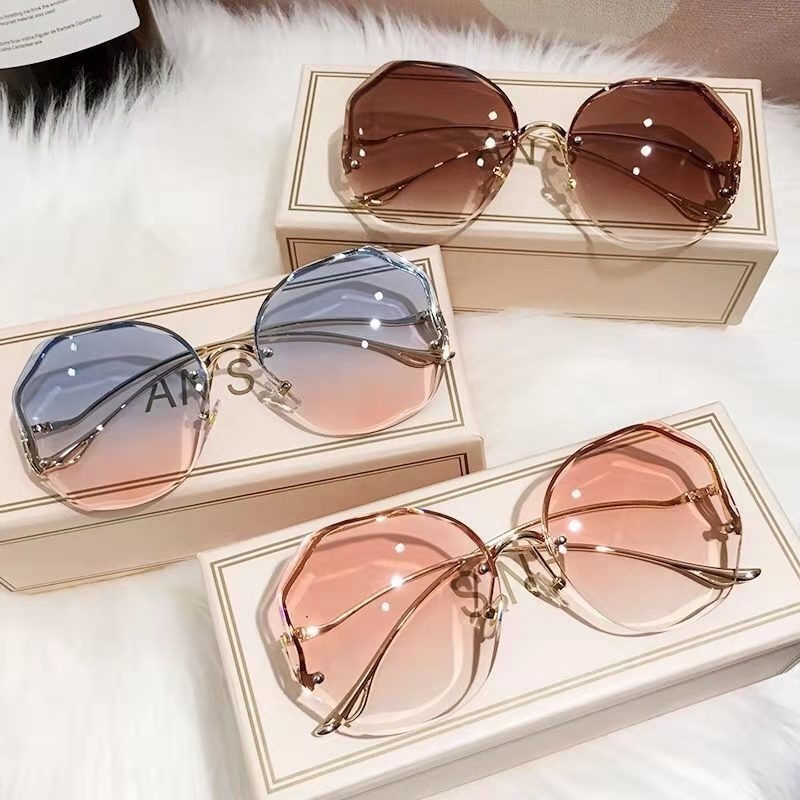 Luxury Round Gradient Sunglasses Women Metal Curved Temples Eyewear Ocean Rimless Fashion Sun Glasses Outdoor Oculos De Sol