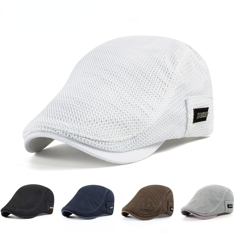 Men's Berets Summer Breathable Visor Cap Women Flat Peaked Sun Hat Net Solid Herringbone Newsboy Hats Mesh Driver Caps