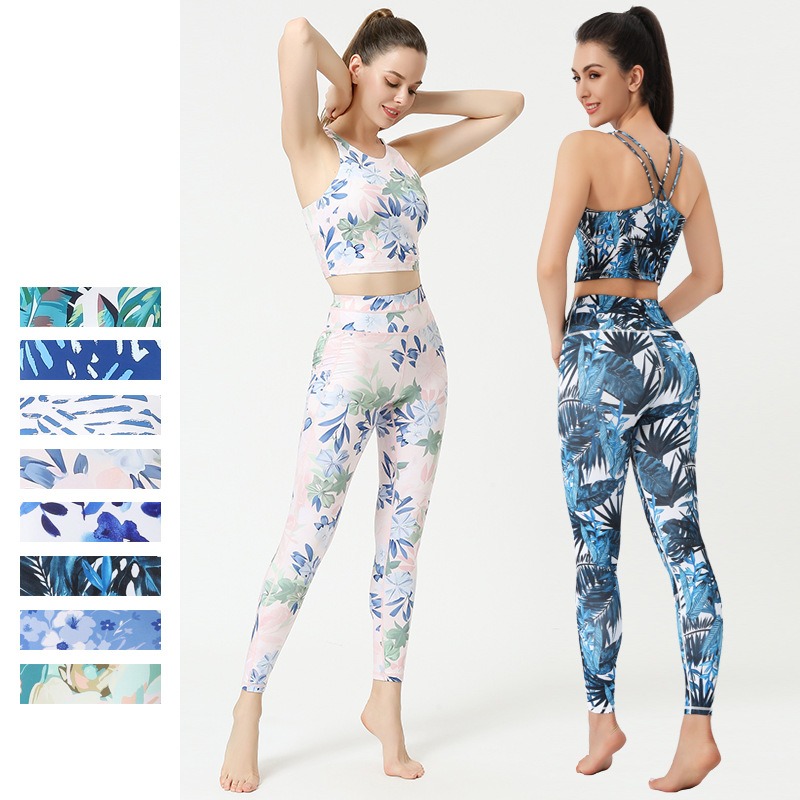 New Printed Yoga Set Women Quick-drying Beautiful Back Sports Vest High Waist Hip Tight Pants Set Breathable Fitness Clothes Set