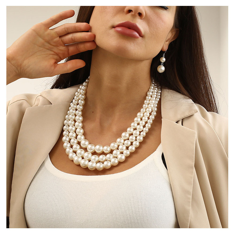 Exaggerated Multilayer Pearl Choker Necklace Earring Set Ladies String Pearl Clavicle Necklace Neck Chain Party Jewelry
