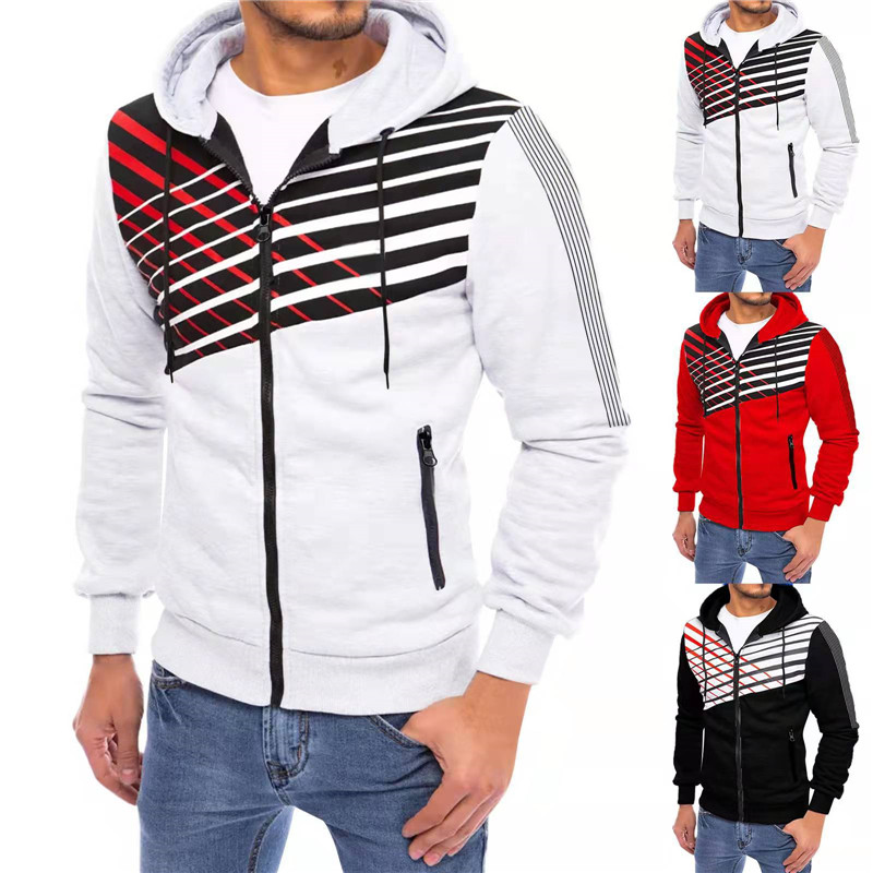Hooded Long Sleeve Men Jacket Coat Drawstring Zipper Closure Printing Casual Hoodies Sweatshirt Outerwear Male Clothing