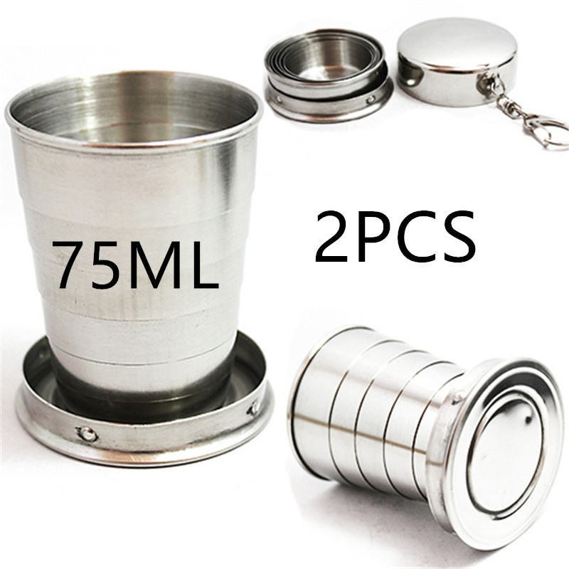 2PCS Stainless Steel Folding Cup Portable Outdoor Travel Camping Telescopic Cup with Keychain 75ml Water Coffee Mug Handcup