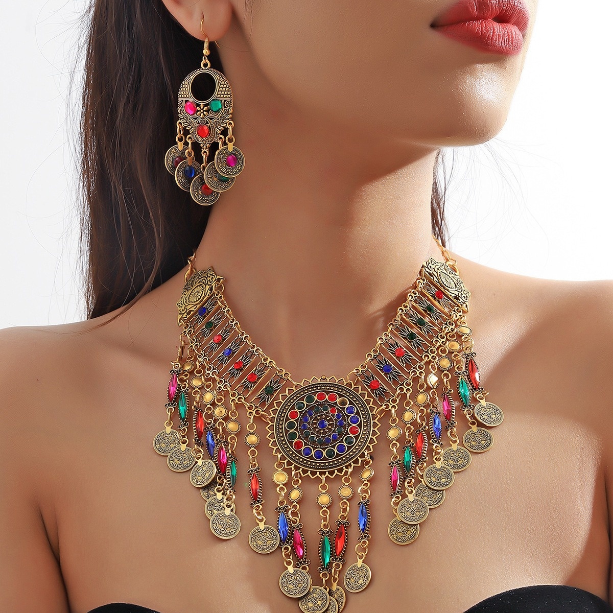 Ethnic Style Tribe Colored Metal Coin Women's Jewelry Set Banquet Beach Party Exquisite Gifts Elegant Retro Necklace Earring Set
