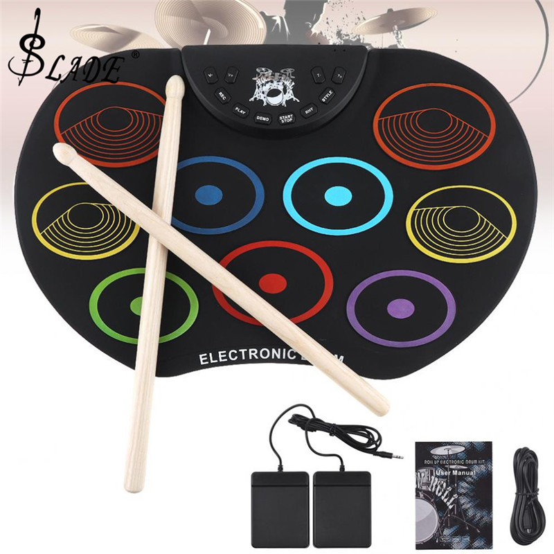 Portable Digital USB 9 Pads Colorful Roll Up Drum Set Silicone Electronic Drum Kit with Drumsticks and Sustain Pedal