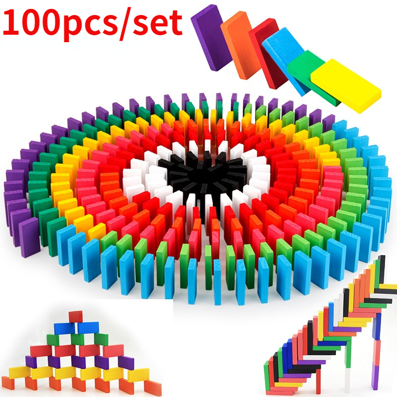 100pcs/set Rainbow Wooden Domino Toy Set Kids Children Baby Dominoes Game Building Blocks Educational Natural Wood Toys Gifts