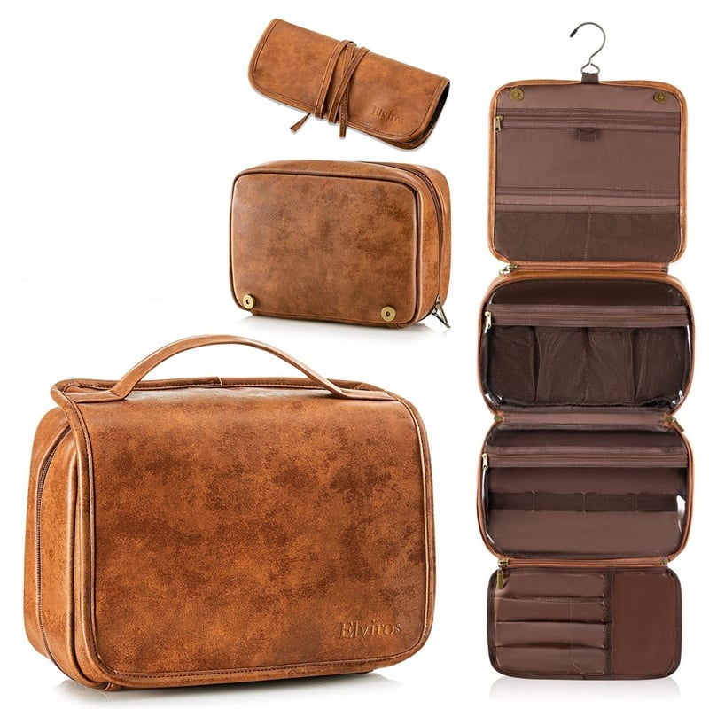 Cosmetic Storage Bag With Portable Handle And Hook Multi Compartments Case Crazy Horse Leather Travel Toiletry Organizer