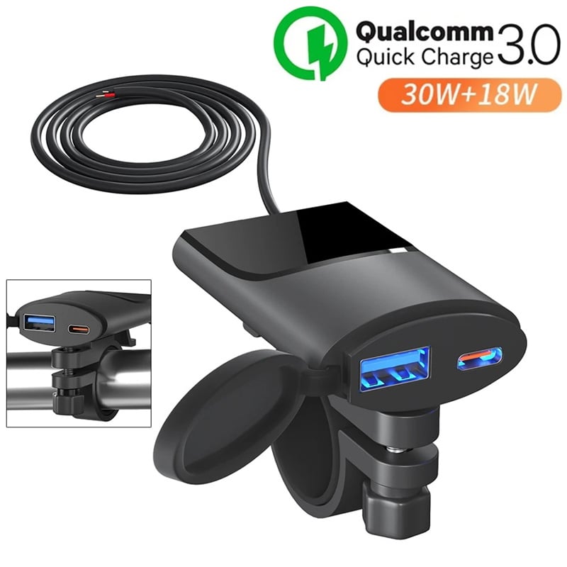 Motorcycle USB Charger 30W QC3.0 Type C Charger IP67 Waterproof Handlebar Mounting Bracket Moto Phone Charger Adapter