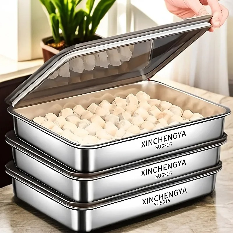 Stainless Steel Dumpling Storage Box Stackable with Sealed Lid Food Storage Container Plates BBQ Baking Tray Kitchen Accessories