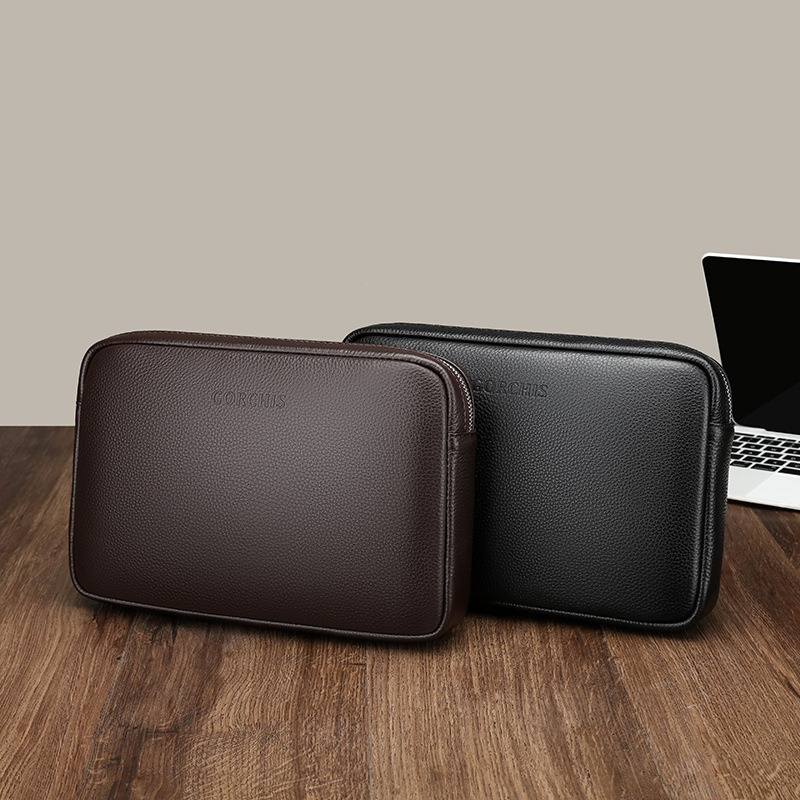 Luxury Men's Cowhide Leather Clutch Bag Large Capacity Handbag Wallet High Quality Business Solid Color Card Pack File Phone Bag