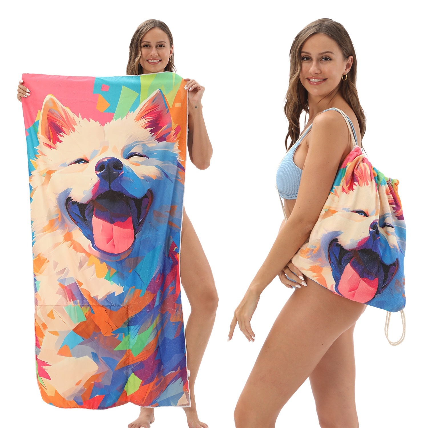2 in 1 Beach Towel Folding Quick Drying Floral Print Beach Camping Towels Storage Bag Foldable Sandproof for Vacation Beach