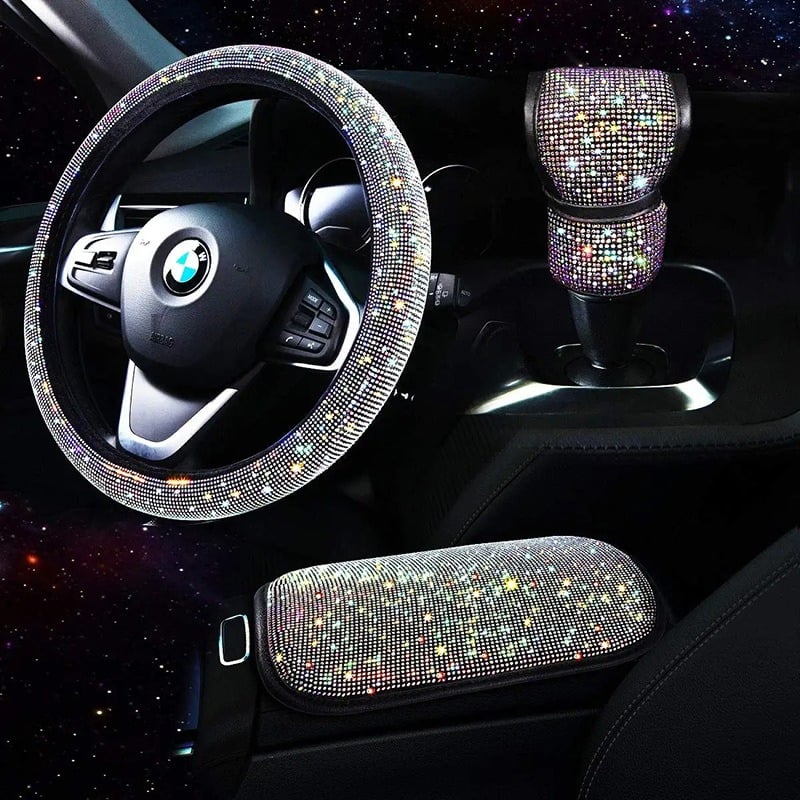 3pcs/set Car Steering Wheel Cover Gear Shift Cover Armrest Pad Universal 38cm Diamond Bling Steering Wheel Car Accessories
