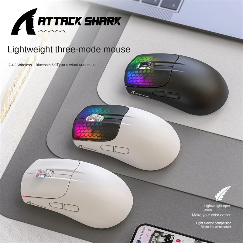 Attack Shark X5 Wireless Mouse 3 Modes BT/2.4Ghz/USB-C Lightweight PAW3212 Sensor Rechargeable RGB Mice PC Laptop Gaming Mouse