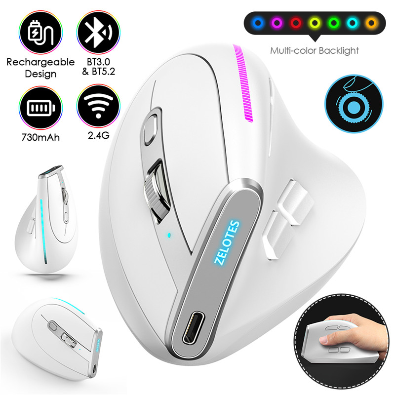 ZELOTES 2.4G Ergonomic Vertical Wireless Bluetooth Mouse Full Color Light 8 key Programming 2400DPI Gaming Mouse Optical Mice