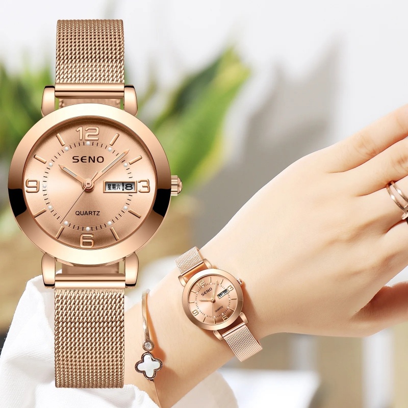 Luminous Pointers Waterproof Mesh Band Ladies Quartz Watch with Double Calendar Display Female Student Women's Alloy Wristwatch
