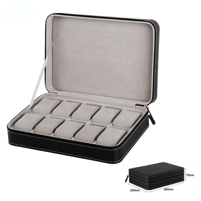 Portable Watch Box Organizer PU Leather Casket with Zipper Classic Style 10 Grids Multi-Functional Bracelet Display Case
