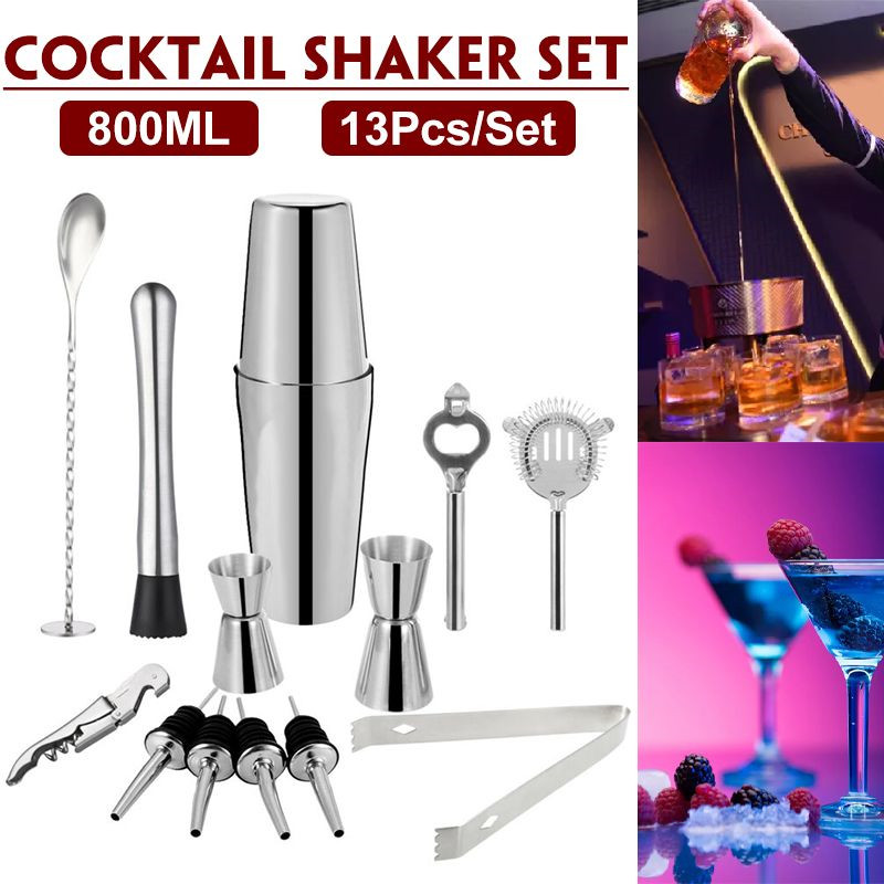 13 Pcs/set Stainless Steel Cocktail Shaker Mixer Wine Martini Boston Shaker Set Barware Kit For Bartender Drink Party Bar Tools
