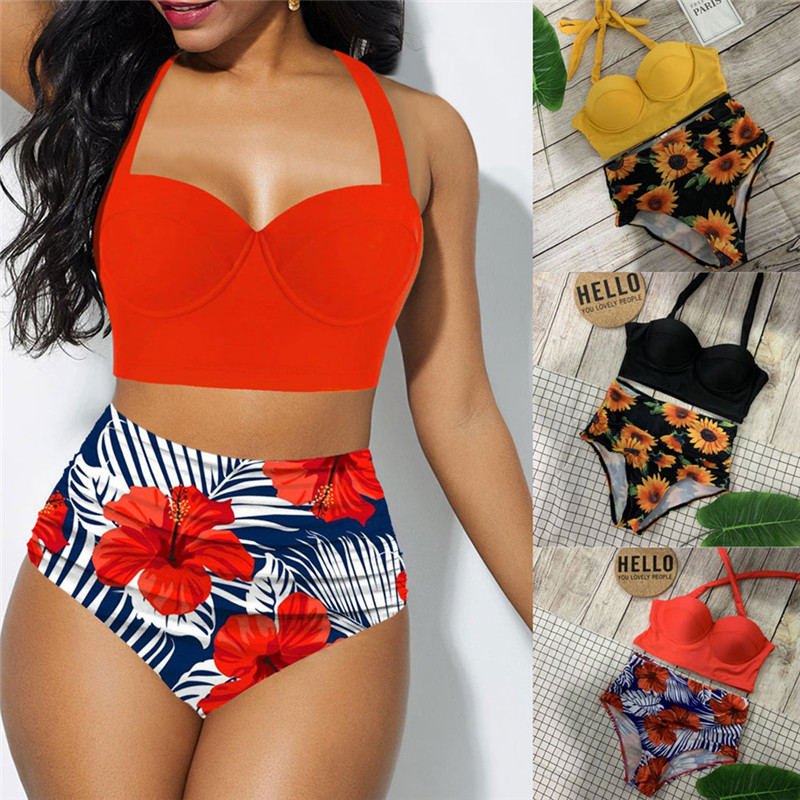 Women Sunflower Swimsuit Bikini Sexy Halter Neck Lace Up Beachwear Print Push-up High Cut Shorts Female Swimwear Bathing Suit