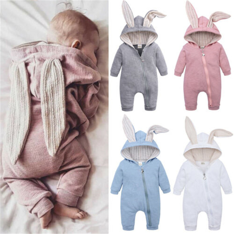 Baby Big Ears Bunny Rompers Cotton Hooded Zipper Long Sleeve Romper Newborn Cute Onesies Jumpsuit Clothes For Boys Girls
