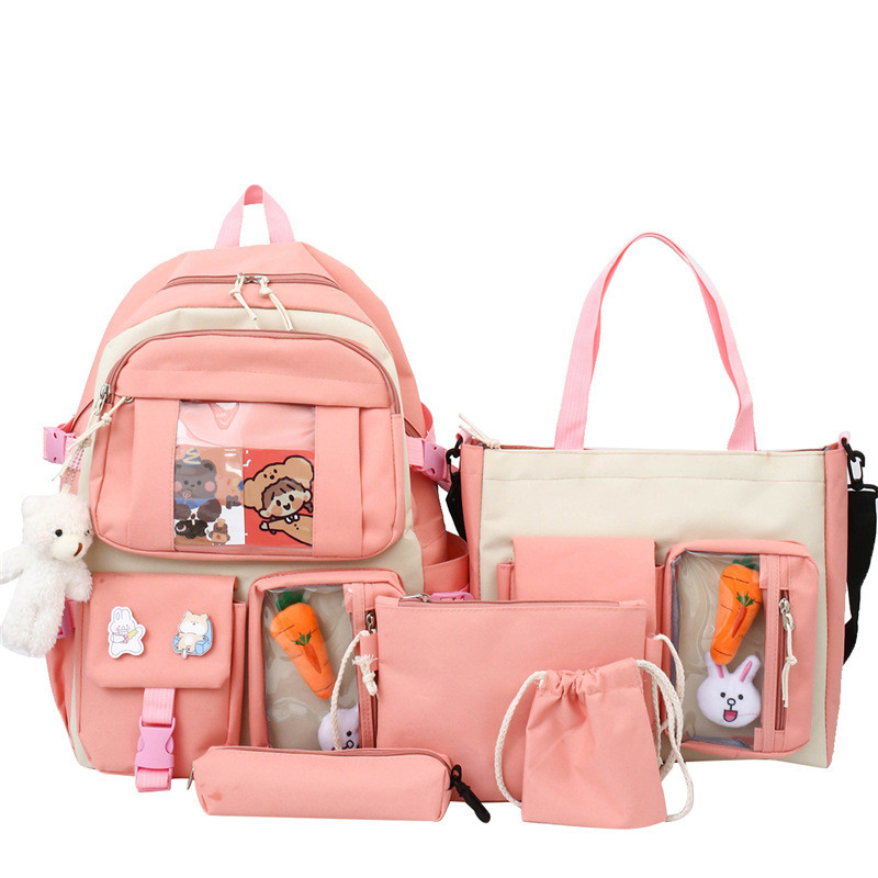 5pcs/set Nylon Kawaii Women Backpack Cute Teenage Student Girl Large Capacity Schoolbag Clutch Travel Bookbags Shoulder Bag