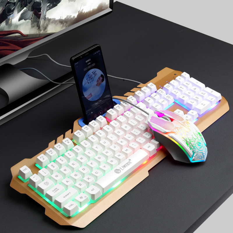 LED Backlit Wired Computer Keyboard and Mouse Set Ergonomic Keyboard with Phone Holder Gamer Keyboard Mice for Laptop PC