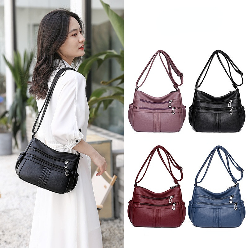 Women Soft Shoulder Bag PU Leather Purse Solid Messenger Crossbody Bags Mother Female Retro Multipocket Handbag Ladies Bag